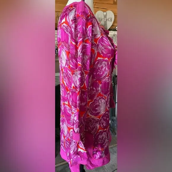 Tory Burch Sz 4 Gwenna Deep Pink Floral Keyhole Oval Ruffled front Tie front - Picture 7 of 14